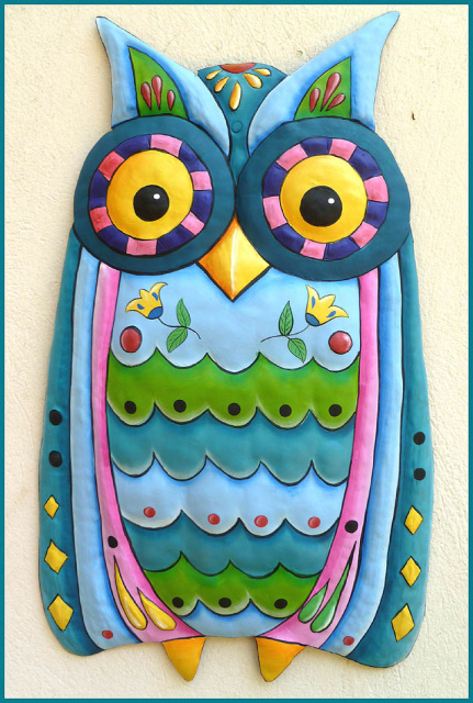 painted metal blue owl wall hanging